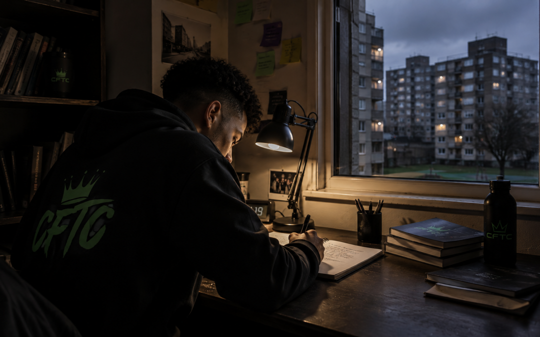 Young person sitting writing in quiet reflection across from the window looking outside a UK housing estate, looking across the surrounding buildings.