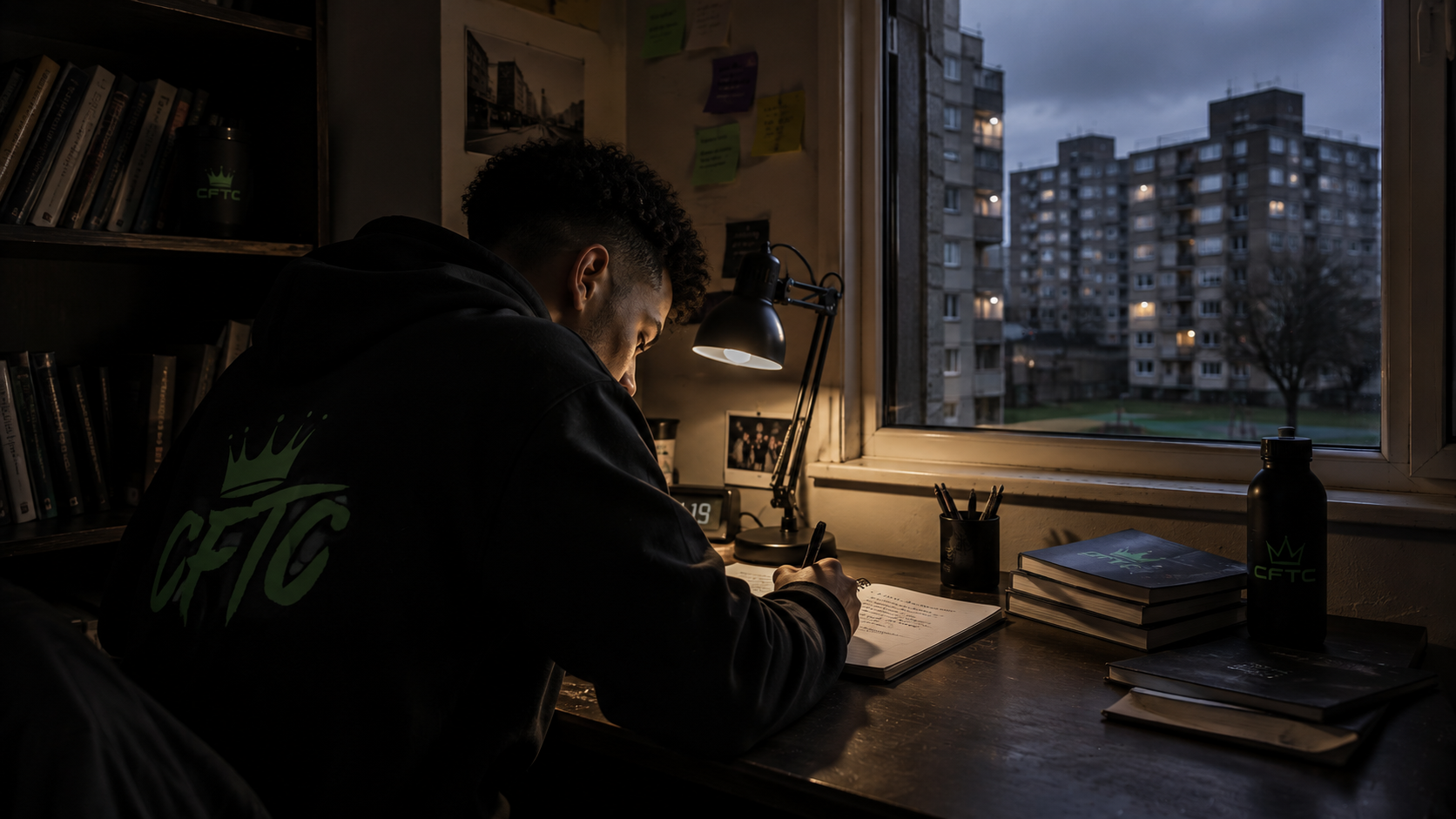 Young person sitting writing in quiet reflection across from the window looking outside a UK housing estate, looking across the surrounding buildings.
