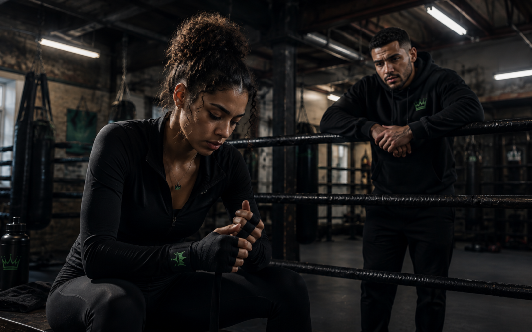 Young woman wrapping her hands while seated beside a boxing ring as a male training partner watches from behind the ropes.