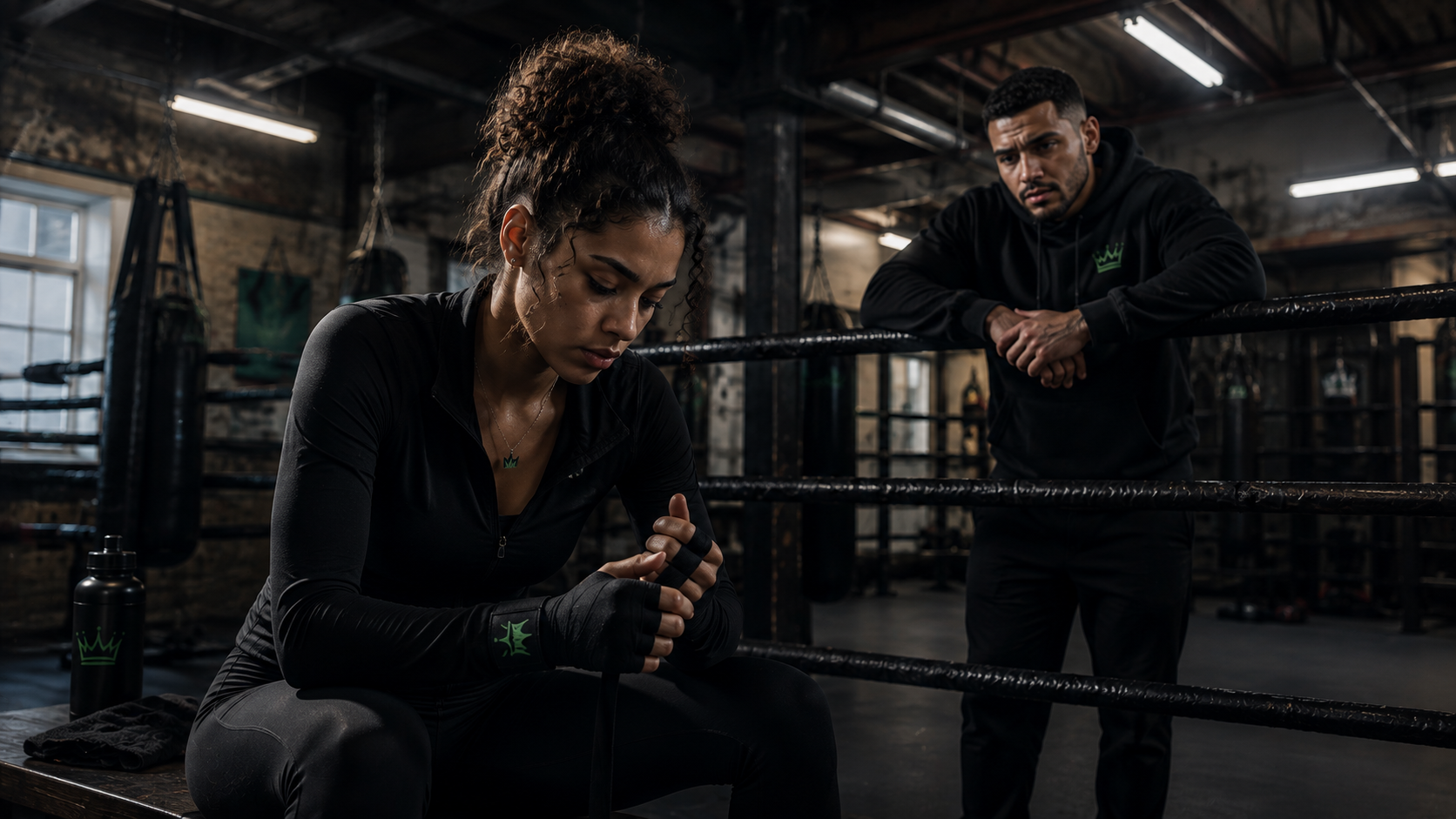 Young woman wrapping her hands while seated beside a boxing ring as a male training partner watches from behind the ropes.