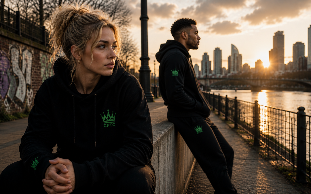 Young white woman and young Black man in black CFTC clothing sitting apart beside an urban riverside at sunset.