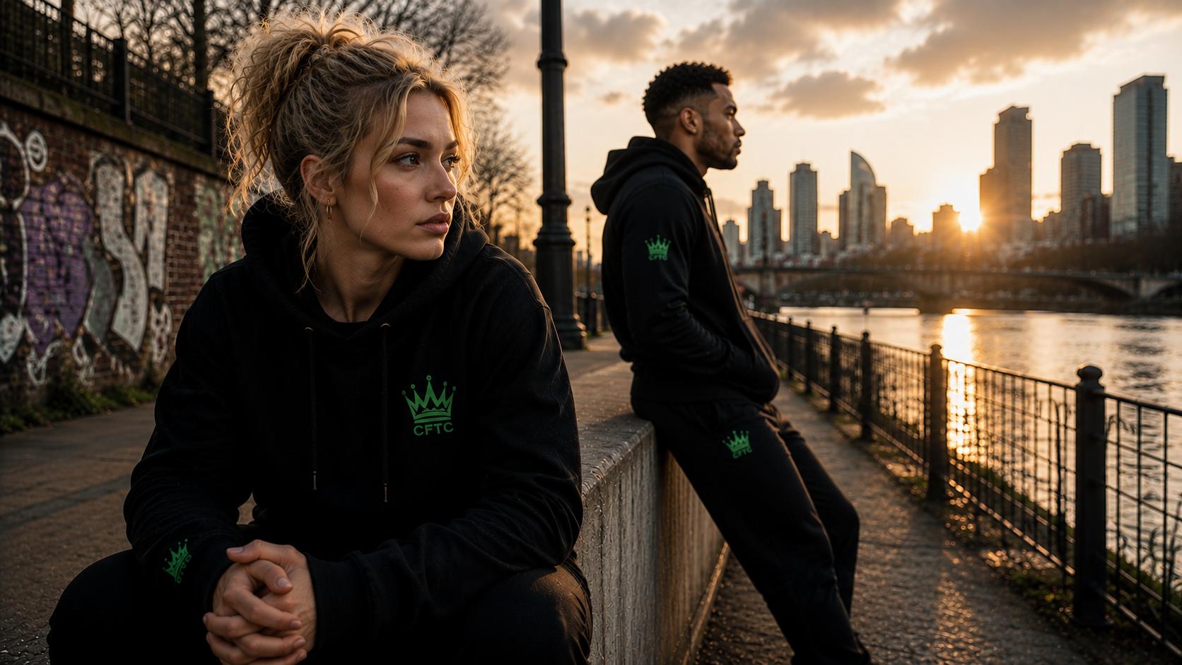 Young white woman and young Black man in black CFTC clothing sitting apart beside an urban riverside at sunset.
