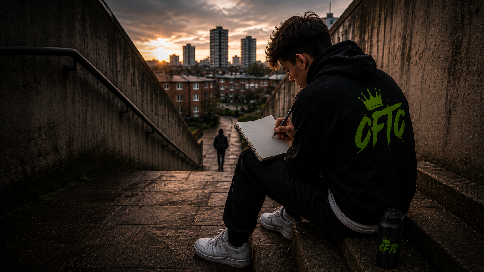 Young man in a black CFTC hoodie sitting on concrete estate steps writing in a notebook, with tower blocks visible beyond him at sunset.
