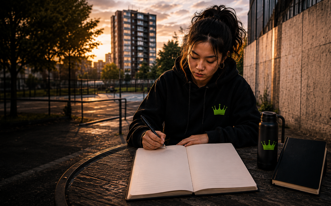 Young Asian woman in a black CFTC hoodie writing in an open notebook at an outdoor table, with a basketball court and tower block behind her at sunset.