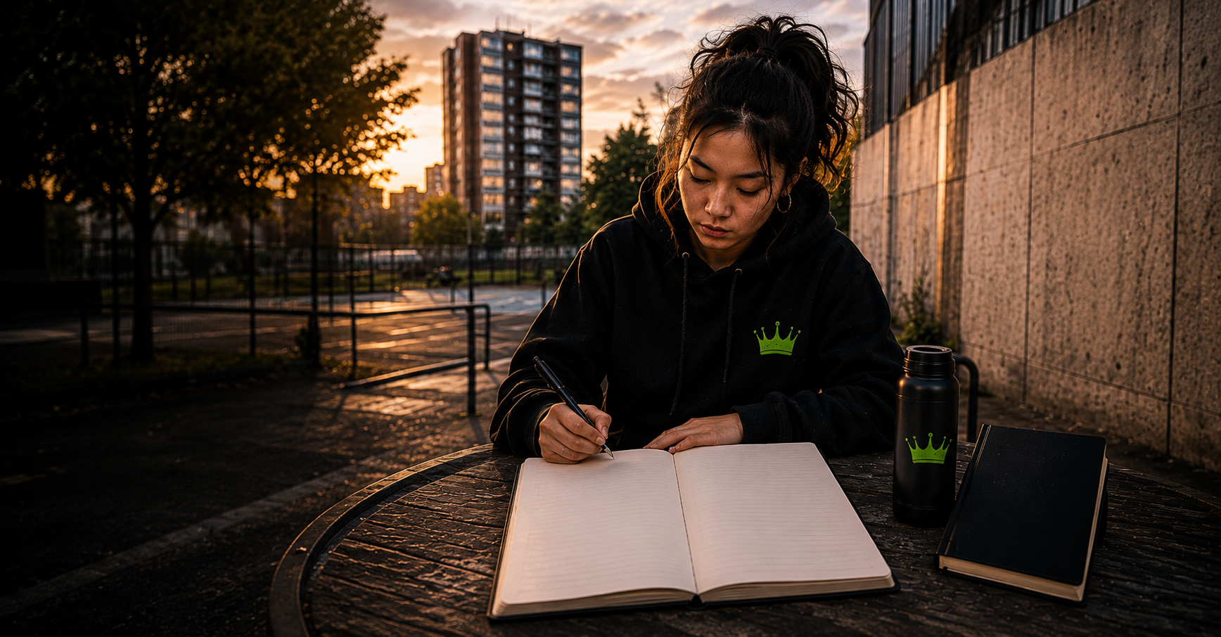 Young Asian woman in a black CFTC hoodie writing in an open notebook at an outdoor table, with a basketball court and tower block behind her at sunset.