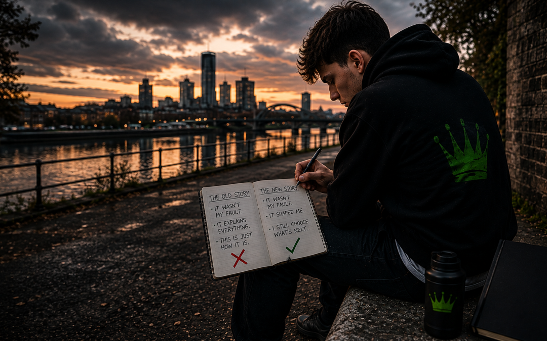 Young man in a black CFTC hoodie sitting beside an urban riverside at sunset, writing in a notebook comparing an old story with a new story.