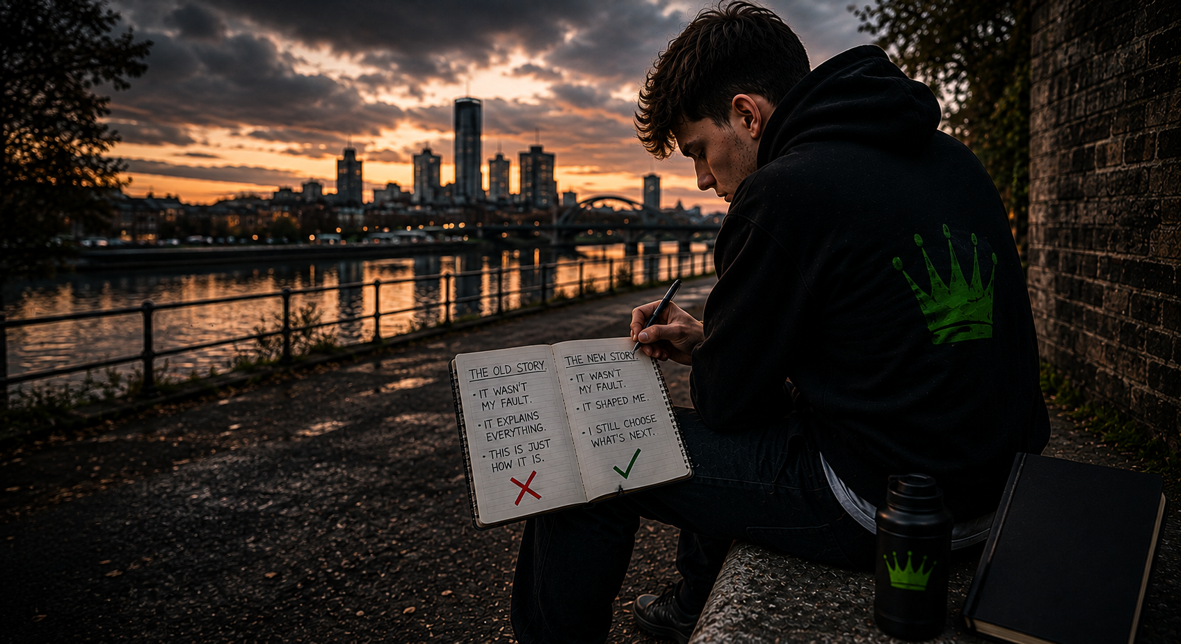 Young man in a black CFTC hoodie sitting beside an urban riverside at sunset, writing in a notebook comparing an old story with a new story.