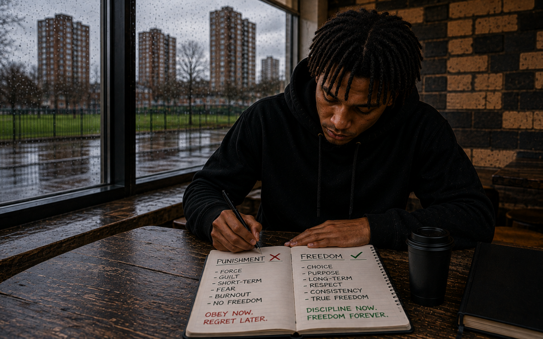 Young Black man in a black hoodie writing in an open notebook at a table beside a rain-covered window, with tower blocks visible outside.