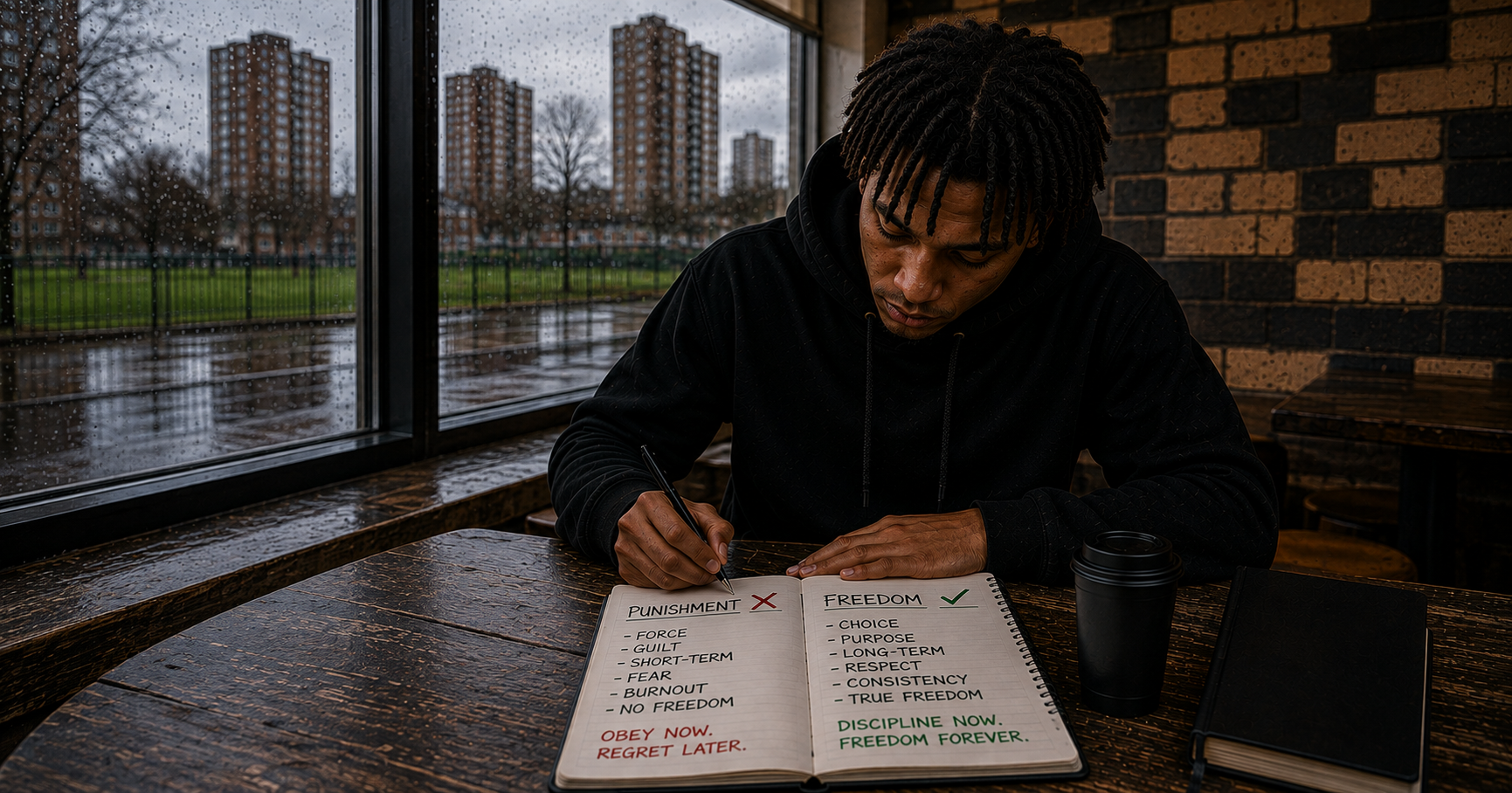 Young Black man in a black hoodie writing in an open notebook at a table beside a rain-covered window, with tower blocks visible outside.