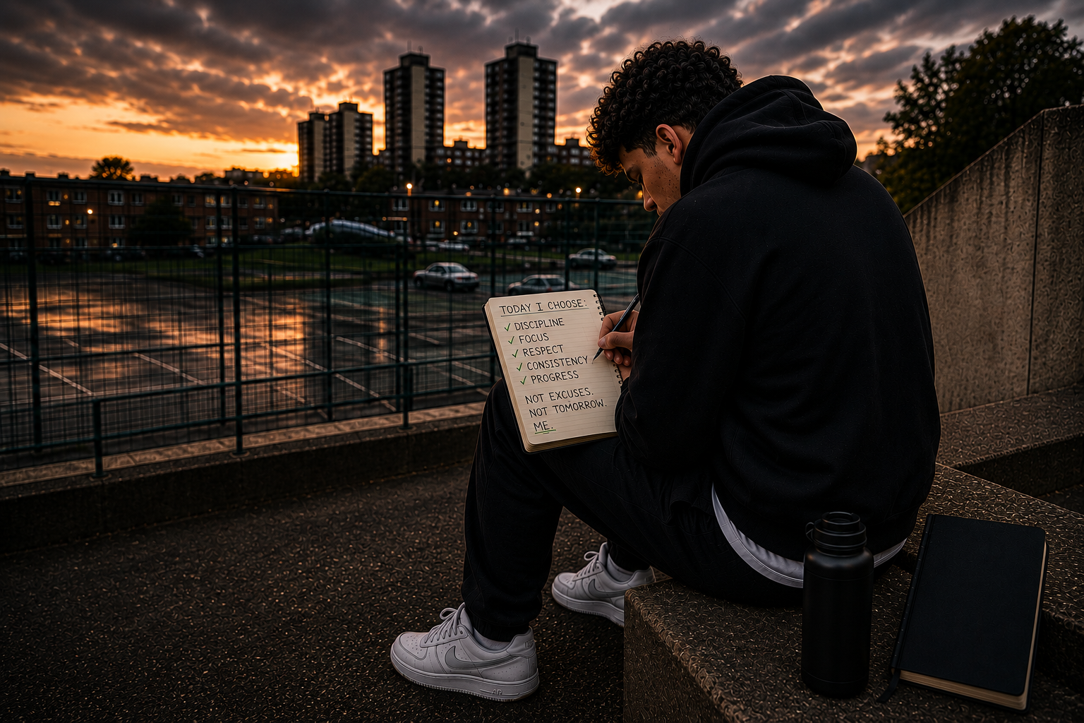 Young man in a black hoodie sitting beside an outdoor sports court at sunset, writing a list of personal choices in a notebook with tower blocks behind him.
